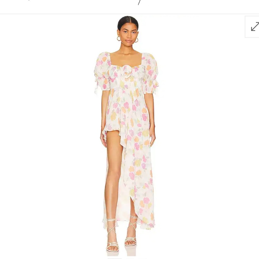 For love & lemons petal midi dress cream  floral chiffon high low size M New